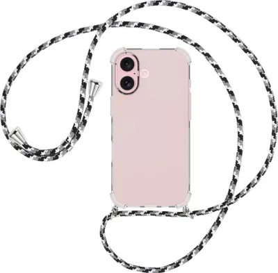 Produktbild von Handykette Backcover-Schutzhülle mit Band (Metall silberfarben) für iPhone 16 - schwarz/grau/weiß