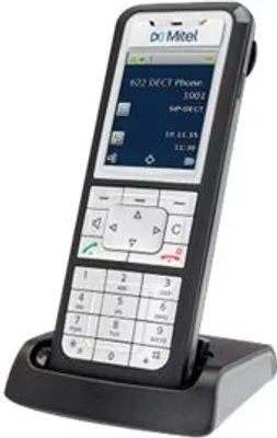 A cordless phone is shown in its charging cradle against a white background.