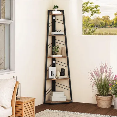 Produktbild von Eckregal 5 Ebenen, Eck-Bücherregal, Standregal Freistehend, Stahlrahmen, Braun