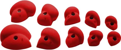 Set von fünf roten Klettergriffen für Kletterwände von Ocun; geeignet für Henkel-Positionierung.