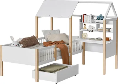 Produktbild von Kinderbett mit Rausfallschutz und Lattenrost,L-förmigem Schreibtisch und Bücherregal,Schubladen mit Rollen,multifunktionales Hausbett aus Massivholz