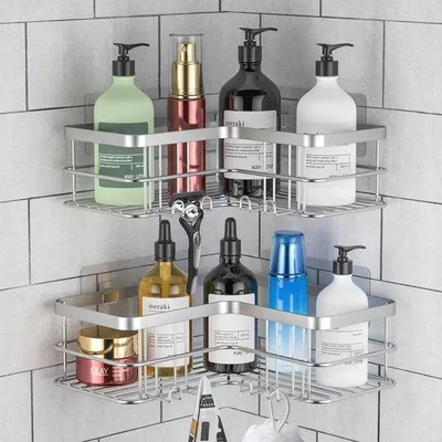 Immagine prodotto di Set di 2 organizer per doccia - Senza forature - Organizer per doccia da bagno e cucina - Ripiano in acciaio per doccia (argento)
