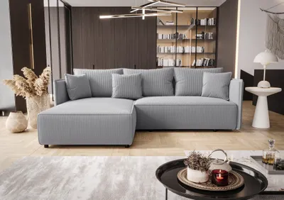 Productafbeelding van Eckbank met slaapfunctie, model EVORA, bekleding: stof Poso, kleur: lichtgrijs, met ottomaan aan de linkerkant