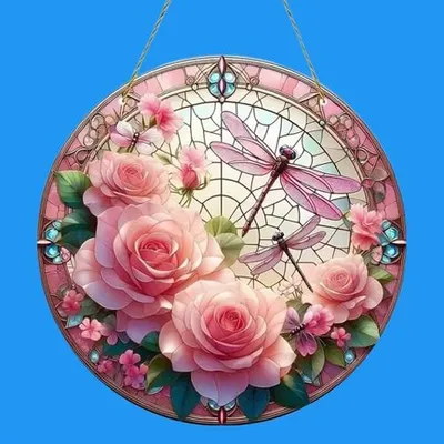 Produktbild von GKA XL Sonnenfänger 4 rosa Rosen mit Libelle 20 cm Buntglas Lichtfänger Fensterbild Fenster Fensterschmuck Fensterdeko Rose