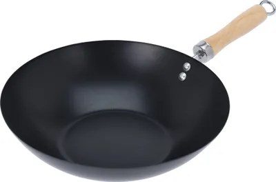 A black wok pan with a wooden handle is shown against a white background.