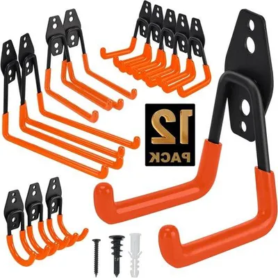 Produktbild von Garagehaken-Set, 12 Stück, hochbelastbar, 4 Meter, doppelte Haken für Gartenwerkzeug, Sportausrüstung, Leiter, Orange