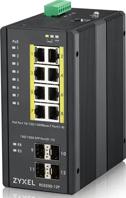 Zdjęcie produktu dla Zyxel RGS200-12P, Zarządzany, L2, Gigabit Ethernet (10/100/1000), Obsługa PoE, Możliwości montowania w stelażu, Montaż naścienny / rzutowanie na sufit