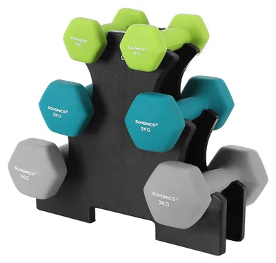 Immagine prodotto di Set di manubri per allenamento della forza – in neoprene – da 1 a 3 kg – dimensioni 13,5 x 6,5 x 6 cm