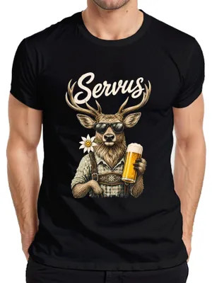 Productafbeelding van Servus, lederhosen, bier, edelweiss, Beieren, dirndl, , heren T-shirt, zwart, maat L
