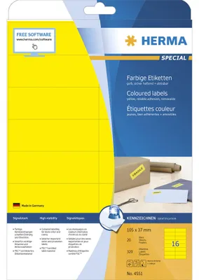Immagine prodotto di HERMA SPECIAL Etichette colorate A4 105x37 mm Giallo, rimovibili, opache
