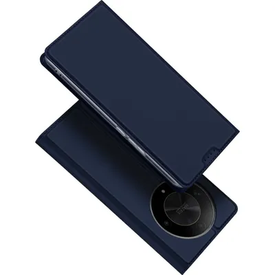 A dark blue phone case with a flip cover is shown diagonally against a white background.