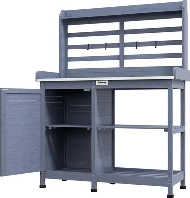 Obrázek produktu pro Dřevěný rostlinný stůl zahradní stůl se skříní a pracovní deskou 112x47x146cm šedá, 2 police a 4 háčky pro milovníky zahrady