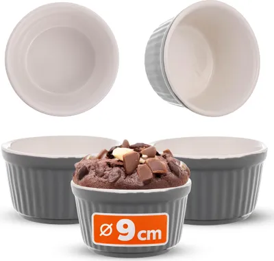 Immagine prodotto di Stampi per soufflé KADAX, 3 pezzi, ciotole per crème brûlée Ø 9 cm, piccoli stampi da forno in ceramica per crème brulee, soufflé e ragù fin (grigio)