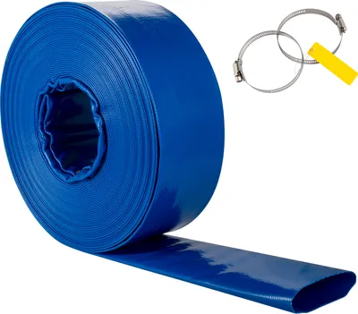 Obrázek produktu pro SucceBuy vypouštěcí hadice, 2" x 105', plochá hadice z PVC tkaniny, robustní zpětná vypouštěcí hadice se svorkami, odolná proti povětrnostním vlivům a nenáročná na prostor, ideální pro bazény a přečerpávání vody, modrá barva