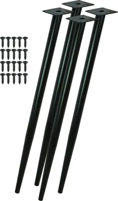 Four black metal table legs and a set of screws on a white background.