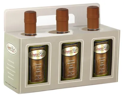 Produktbild von Olivenöl Geschenkbox 3x0,35L in  Orange / Basilikum / Limone extra vergine kaltgepresst