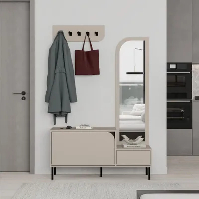 Immagine prodotto di Mobile ingresso Mila con scarpiera specchio e ganci appendiabiti colore cashmere