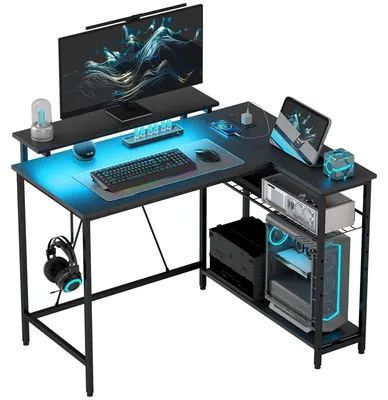 Produktbild von Schreibtisch L Form mit LED, Steckdosen, USB, Umkehrbar Computertisch mit Regal, 107 x 80 x 90 cm, Schwarz