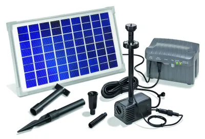 A solar-powered fountain pump set is laid out on a white background, with all its components visible.