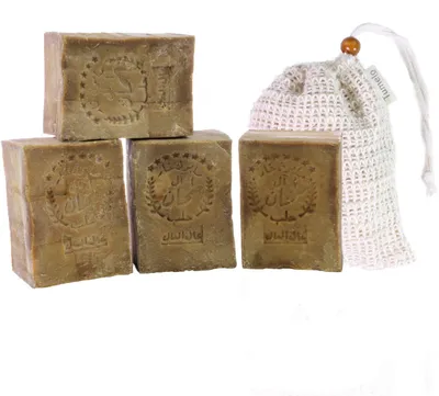 Produktbild von TUMELO Original Aleppo Seife 4 x 200g (800g) 80% Olivenöl 20% Lorbeeröl + Sisal Seifensäckchen, handgemachte Olivenölseife Naturseife