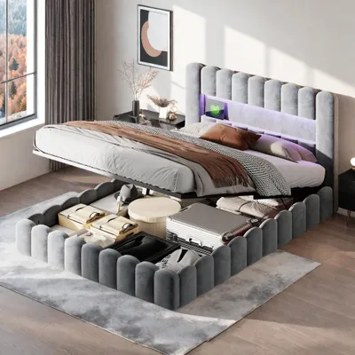 Produktbild von Fortuna Lai Polsterbett 180x200 cm, LED & USB, Stauraumbett mit Lattenrost, Samt, Grau