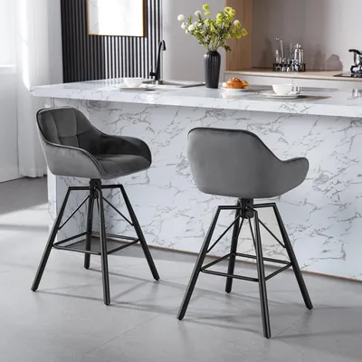 Produktbild von WOLTU Barhocker 2er Set, mit Lehne Fußstütze, drehbar, gepolstert, Samt Metall, Dunkelgrau