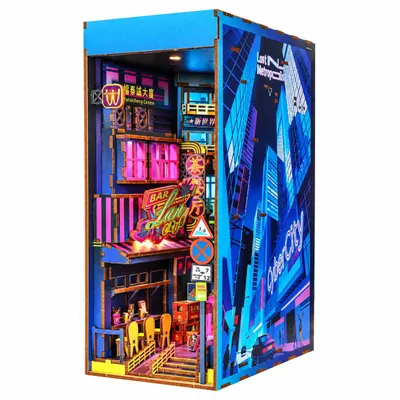 Imagen del producto de THAR Book Nook: Rincón de lectura "Calle de Hong Kong" con luces de neón – Kit de construcción en miniatura de madera con LED, 310 piezas
