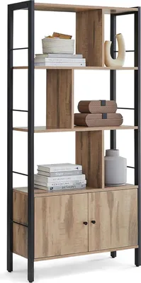 Zdjęcie produktu dla Loftowy regał na książki z drzwiami i 4 półkami stal MDF 154x74x30 cm