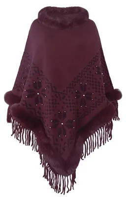 Productafbeelding van Dames poncho met franjes en kunstbontkraag voor de winter