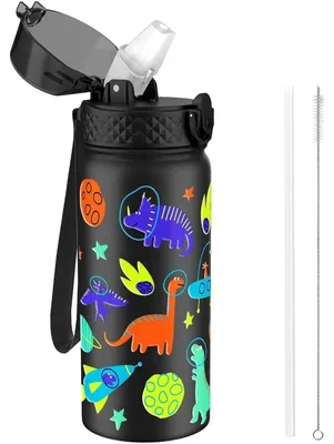 Obrázok produktu pre Detská fľaša na pitie z nehrdzavejúcej ocele, 550 ml, s brčkom, s ochranou proti úniku, termoizolačná, čierna, s motívom dinosaura