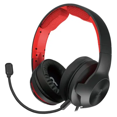 A black and red gaming headset with a microphone is shown against a white background.