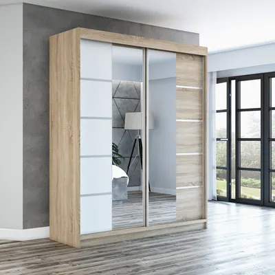 A sliding door wardrobe in a room setting.