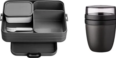 Produktbild von Mepal | Starter Set Snacks to go | Bento-Lunchbox Large & Lunchpot | praktischer Müslibecher | Brotdose mit Fächern | für bis zu 8 Butterbrote | Nordic Black
