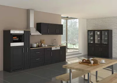 Produktbild von Küchenblock Rom 330 cm im Landhaus Stil grau matt mit Geschirrspüler Glaskeramik Kochfeld Backofen Kühlschrank Dunsthaube Apothekerschrank