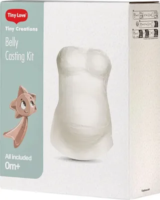 The image shows the packaging of a Tiny Love Belly Casting Kit. The box features a graphic of a belly cast and a star character. There are also instructional diagrams on the side of the box.