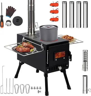 Produktbild von Camping Zelt Herd, Faltbarer Zelt Holz Brennofen, Tragbarer heißer Zelt Holzofen mit winddichtem Kamin für Outdoor Camping Kochen, schwarz
