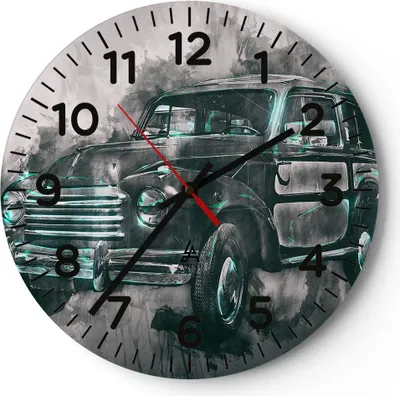 Produktbild von Wanduhr - Rund - Glasuhr - Auto Retro - 30x30cm - Schleichendes Uhrwerk - Lautlos - zum Aufhängen bereit - Dekoration Modern - Wanddekoration aus Glas - C4AR30x30-3834