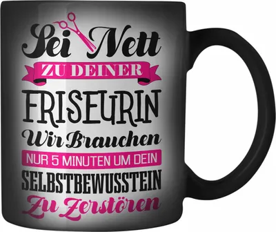 Produktbild von Trendation - Friseurin Farbwechsel Zauber-Tasse Geschenk Zubehör Geschenkideen Friseursaloneröffnung Frisörin Farbwechsel Zauber-Tassen Karabiner Farbwechsel Zauber-Tasse Edelstahl Spruch Friseur (Schwarz)