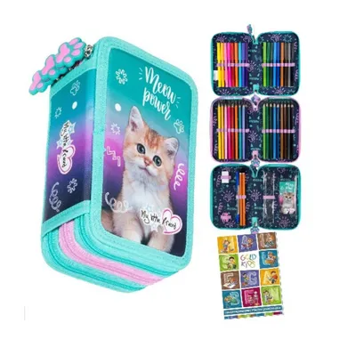 Produktbild von Federmäppchen 3 Fächer - Mäppchen für Mädchen und Jungen - Federmappe 3-Fach Federtasche 44-teilig Gefüllte Schüleretui Hausaufgabenheft- Katze