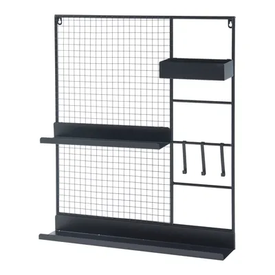 A wall-mounted organizer with shelves and hooks.