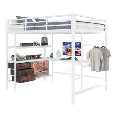 Produktbild von Hochbett mit Schreibtisch, Stauraum und LED-Beleuchtung, 140x200 cm, Metallbett mit Rausfallschutz, Jugendbett