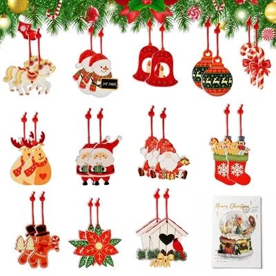 25er Set Holz-Weihnachtsanhänger, 12 Motive, 4 cm, mit Juteschnur