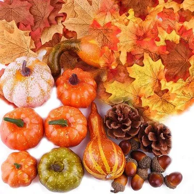 Image de Mini-citrouilles en plastique, glands, feuilles, décorations pour l'automne, Halloween, Thanksgiving