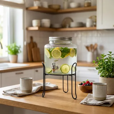 Produktbild von Getränkespender 2,5L aus Glas mit Zapfhahn und Ständer Saftspender für Limonade, KI-generiertes Bild