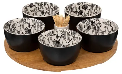 Produktbild von 5Five Servierbrett Bambus - mit 5x Schalen - D28 cm - Tapas und Saucenschalen - Vorspeisen