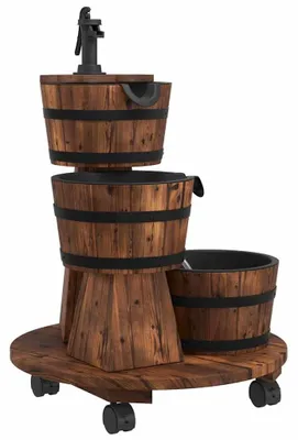 Image de Fontaine d'extérieur en bois massif, modèle "Dennenhout", avec cascade à 3 niveaux, dimensions 55 x 55 x 80 cm, finition marron