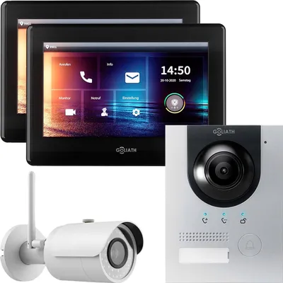 Produktbild von GOLIATH IP Aufputz Video Türsprechanlage Set + Kamera für 1 Familienhaus (Silber 180° Türstation, 2x7" Touchscreen Monitor Schwarz, IP WLAN Außenkamera, App)