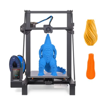 A 3D printer is shown with a blue Godzilla-like figure being printed, alongside two decorative vases.