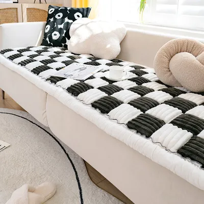 Image de （70*210cm, Noir）Housse de canapé en flanelle Coussin de canapé en damier Housse de canapé en coton jardin-chic Style crème à carreaux pour coussin de protection de canapé, coussin de fenêtre en baie, coussin de chevet, tatami
