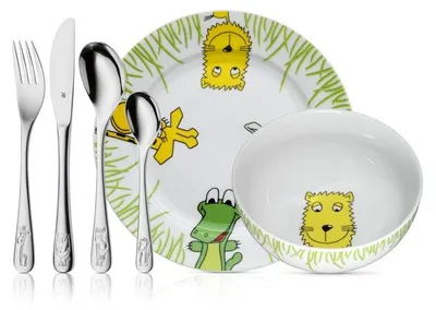 Produktbild von WMF Kinderbesteckset 6-teilig Safari, Toddler cutlery set, Grün, Edelstahl, Weiß, Porzellan, Edelstahl, 3 Jahr(e), 16,5 cm, 18,5 cm